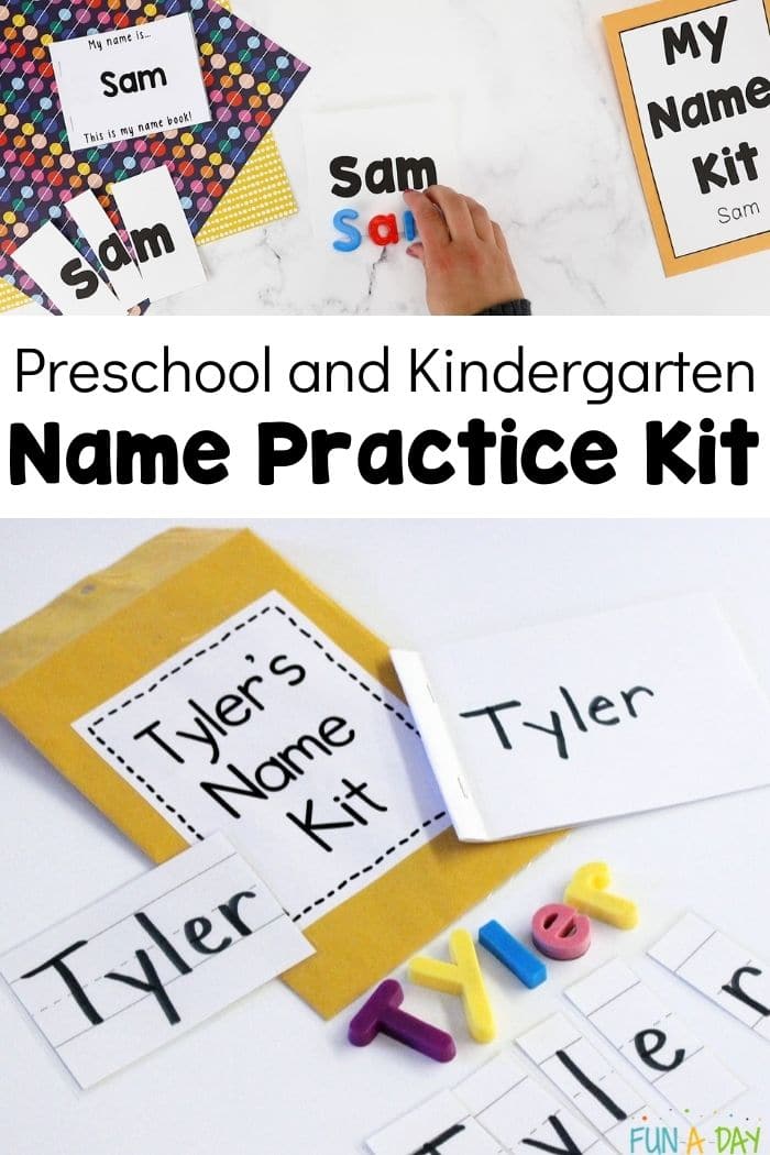 two version of a kindergarten name kit with the text 'preschool and kindergarten name practice kit'