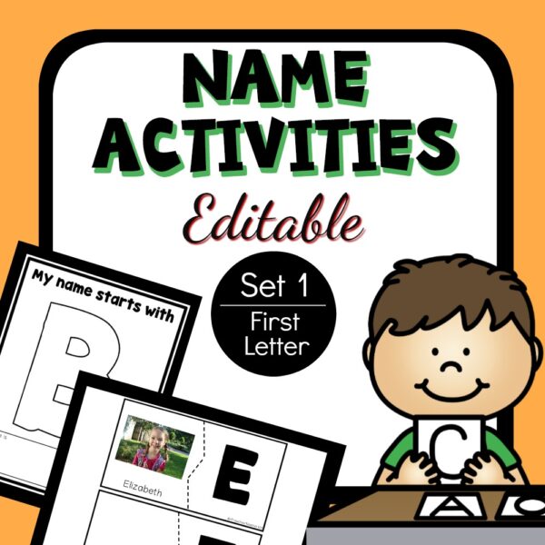 two printable name activities and a smiling cartoon boy holding the letter c with the text, 'name activities editable'