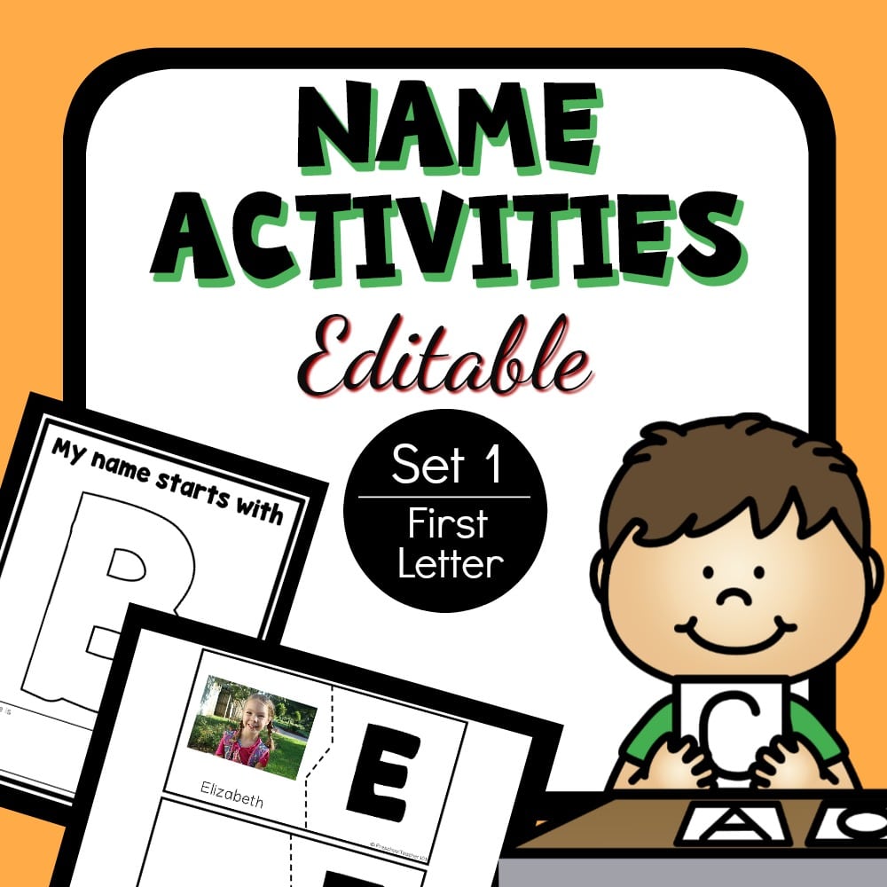 two printable name activities and a smiling cartoon boy holding the letter c with the text, 'name activities editable set 1 first letter'