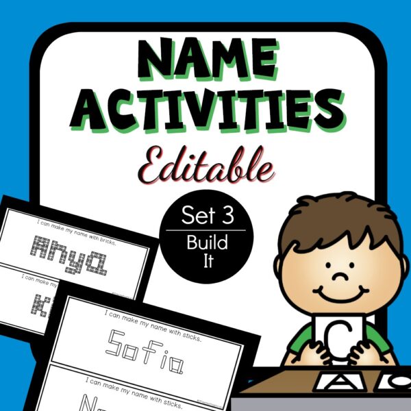two printable name activities and a smiling cartoon boy holding the letter c with the text, 'name activities editable set 3 build it'
