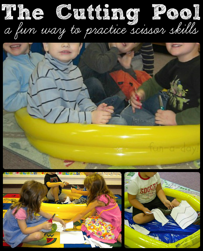 Collage of preschoolers in inflatable pool with text that reads the cutting pool a fun way to practice scissor skills