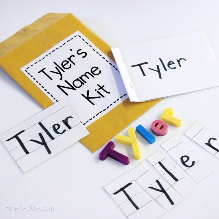 a name written out several ways for practice around an envelope labeled, 'tyler's name kit'