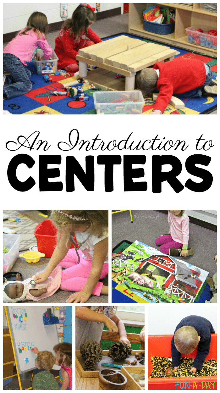 Collage of centers in preschool with text that reads An Introduction to Centers