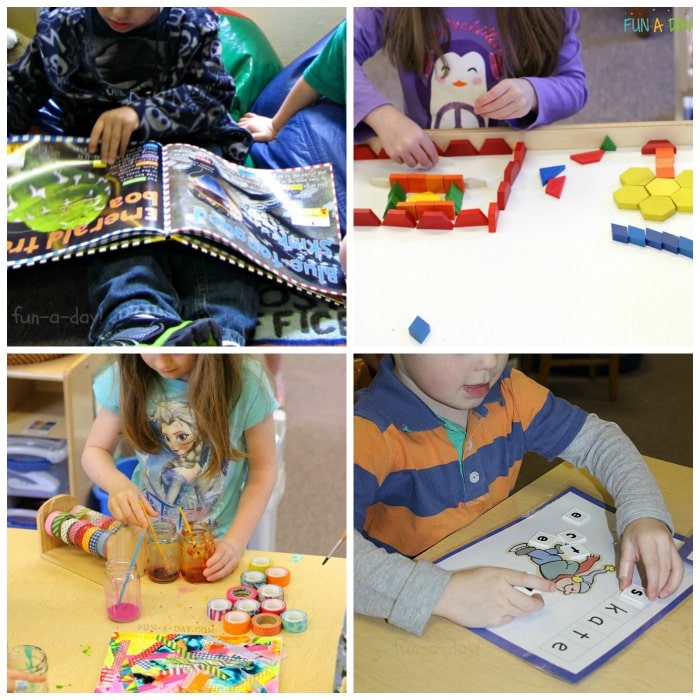 Collage of different centers in preschool