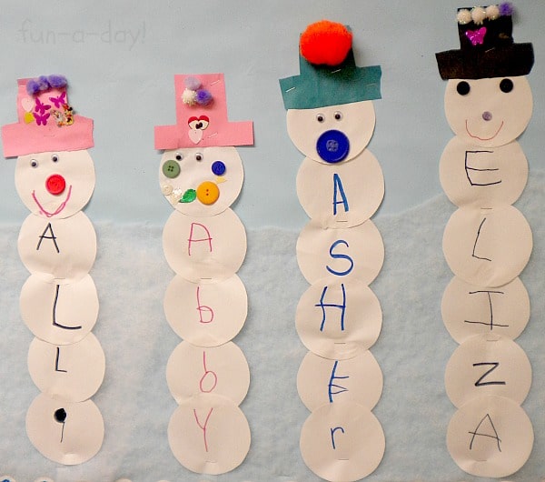 4 snowman name crafts made by preschoolers Alli, Abby, Ashley, and Eliza.
