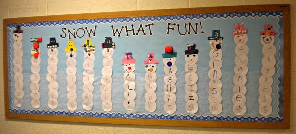 Name snowman bulletin board entitled snow what fun!
