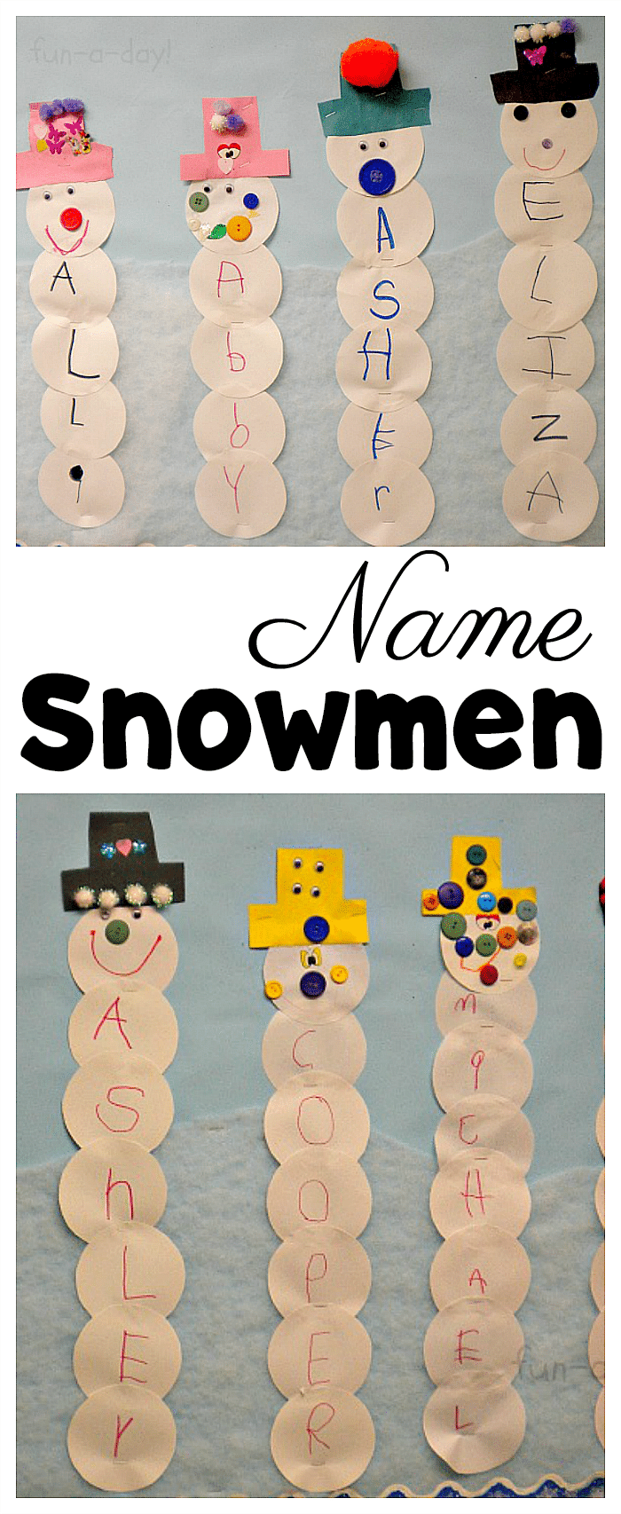Collage of snowman name craft with text that reads name snowmen