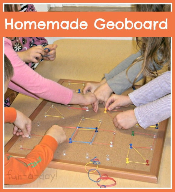 Homemade Geoboard, geoboard from corkboard, geoboard in preschool