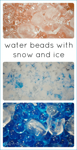 Water beads with snow and ice make great winter sensory activities for kids