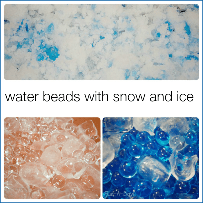 Winter sensory activities with water beads and ice