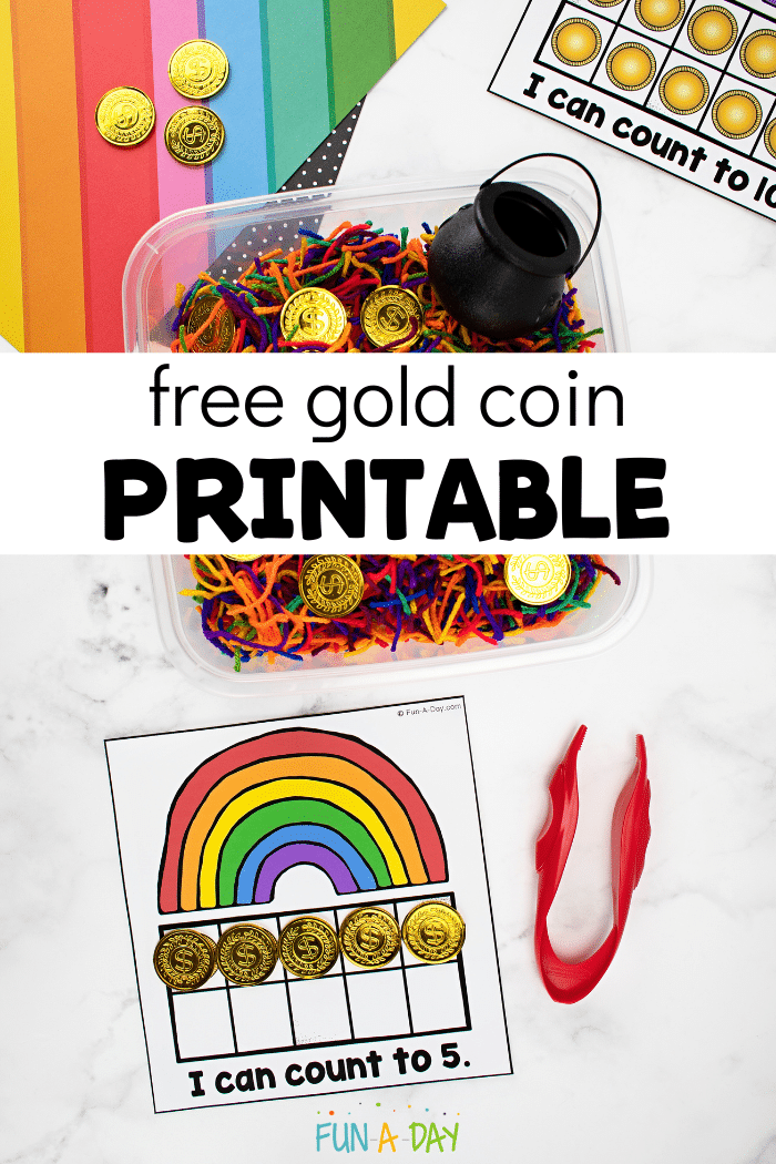 a colorful yarn sensory bin with a gold coin ten frame printable and tweezers. text reads 'free gold coin printable'