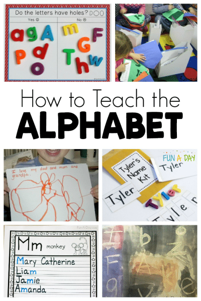 collage of ABC activities with text that reads how to teach the alphabet