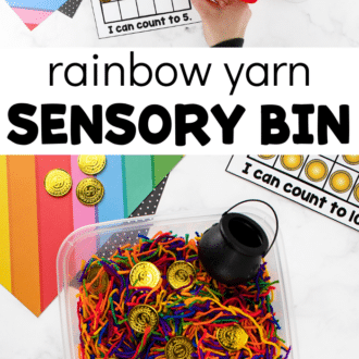 two images of a preschool sensory bin with rainbow yarn pieces and gold coins. text reads rainbow yarn sensory bin