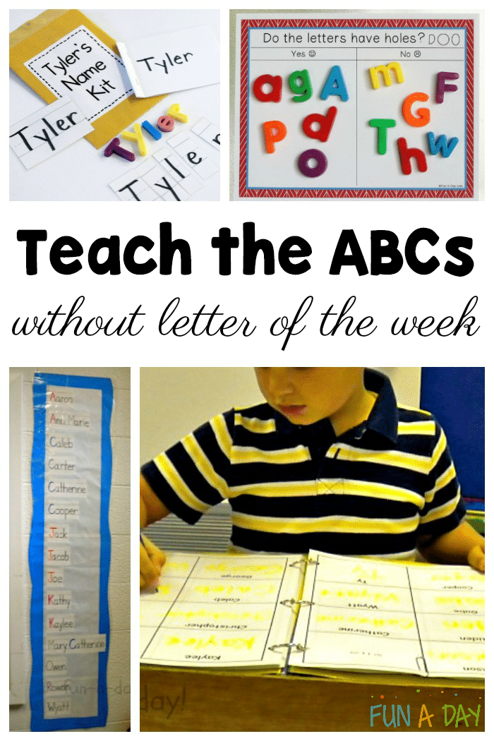 collage of activities to teach the alphabet with text that reads teach the ABCs without letter of the week