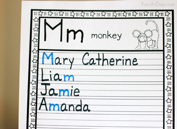 how to teach the alphabetwiht a class name book - Printable page headed with text that reads Mm monkey with monkey clipart and names written below
