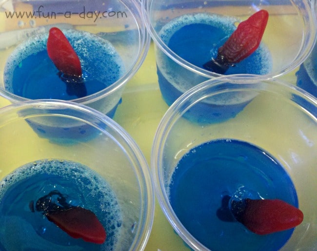 Dr. Seuss activities preschool treat of blue Jell-O and red swedish fish