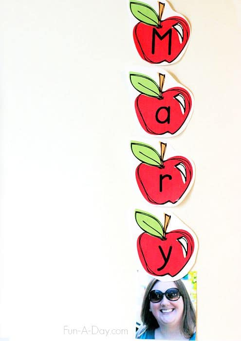 printable apple letters spelling out Mary on top of a woman's picture