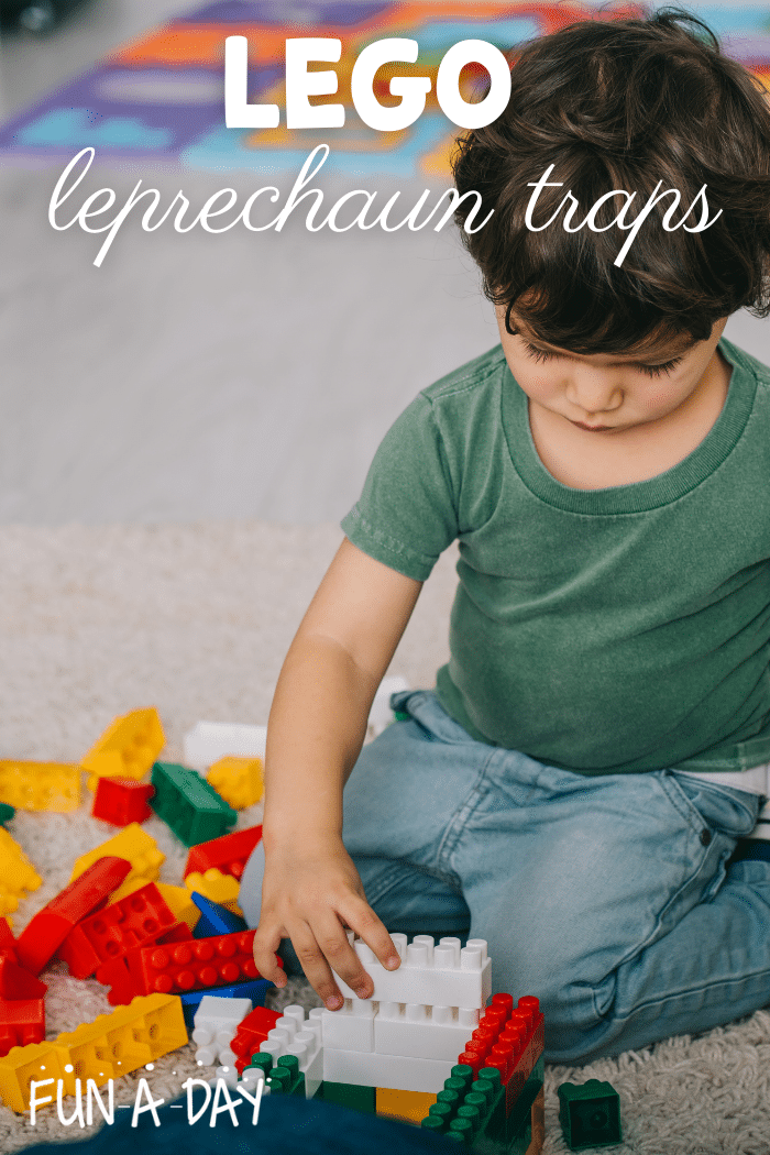 a preschool child building a leprechaun trap with the text 'lego leprechaun trap' 
