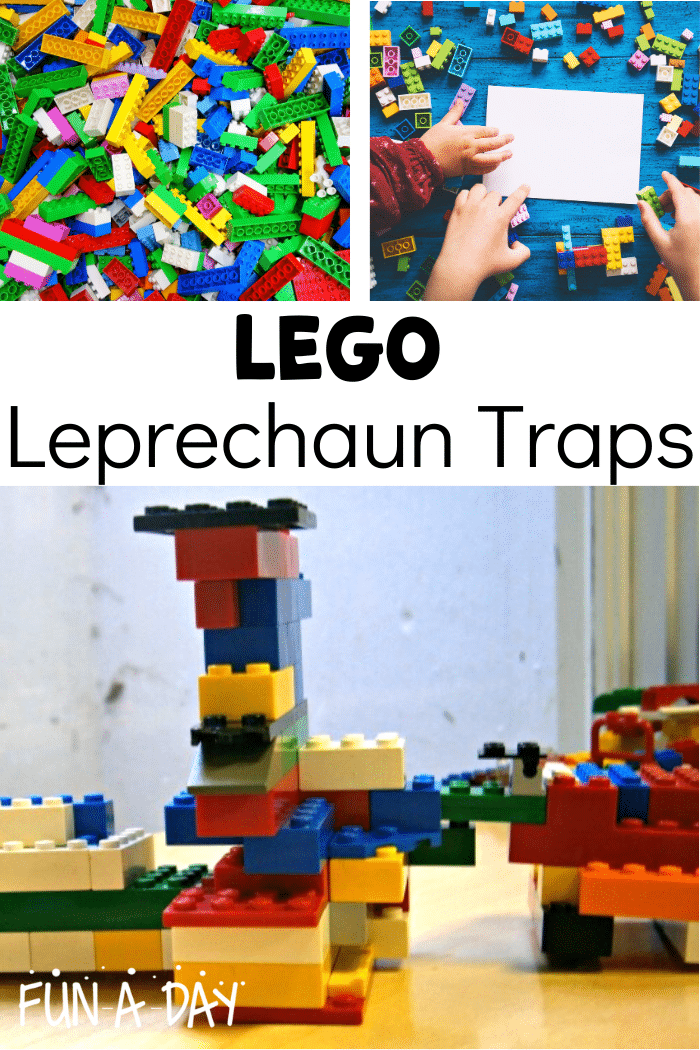 images of a pile of lego bricks, lego bricks surrounding a blank paper, and a finished leprechaun trap with the text, 'lego leprechaun traps'