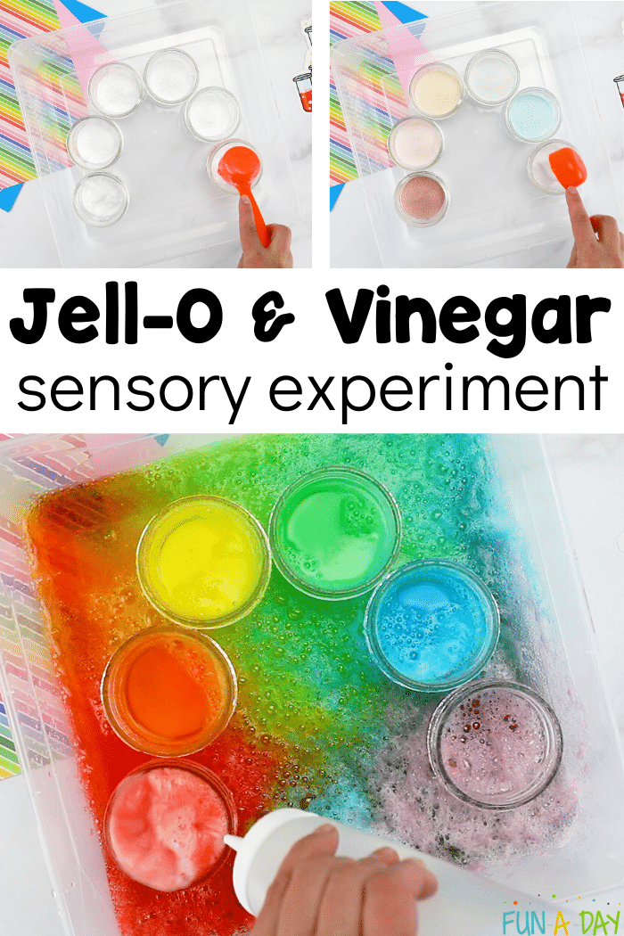 step by step directions for rainbow experiment with text that reads jello and vinegar sensory experiment