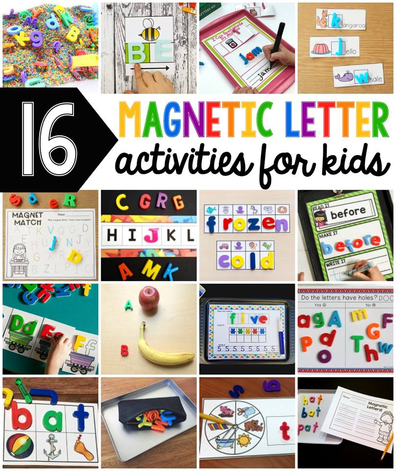 Collage of letter ideas with text that reads 16 magnetic letter activities for kids