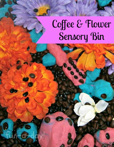 coffee and flower sensory bin for kids, flower sensory play, coffee sensory play