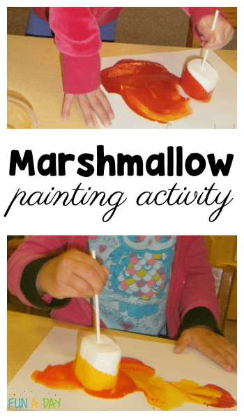 Painting with marshmallows during a preschool camping theme