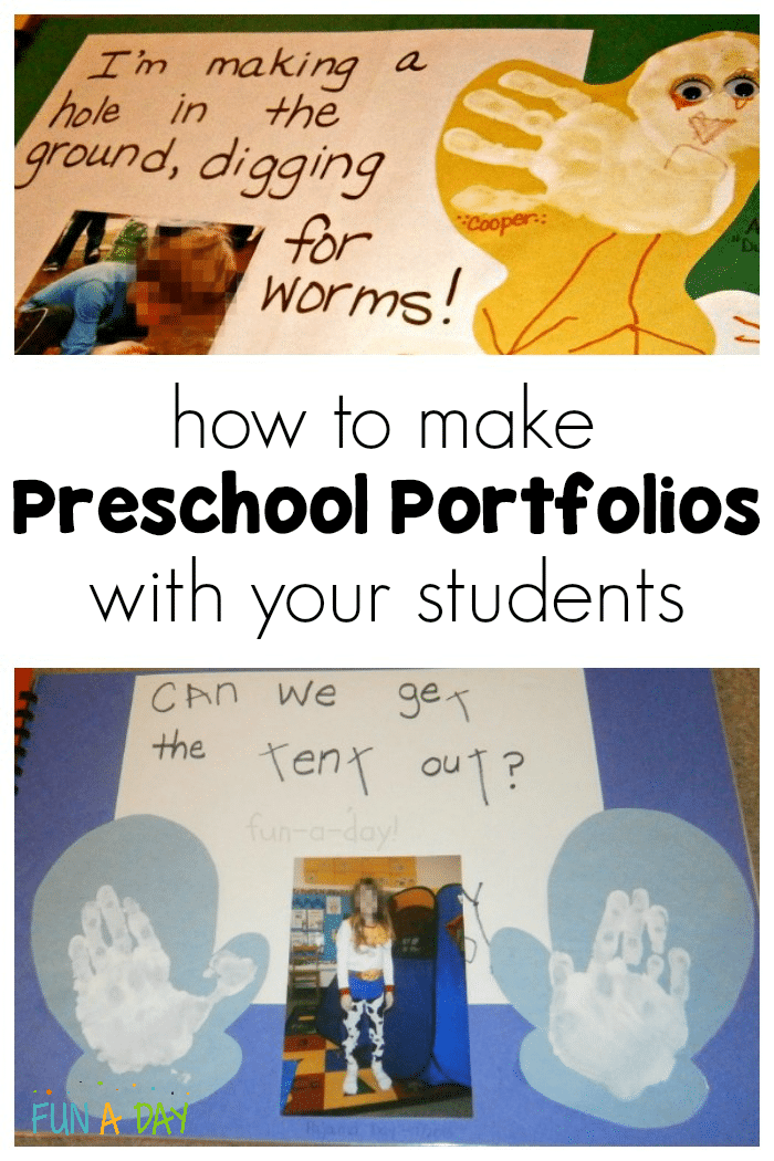 example of preschool writing and hand print art with text that reads how to make preschool portfolios with your students