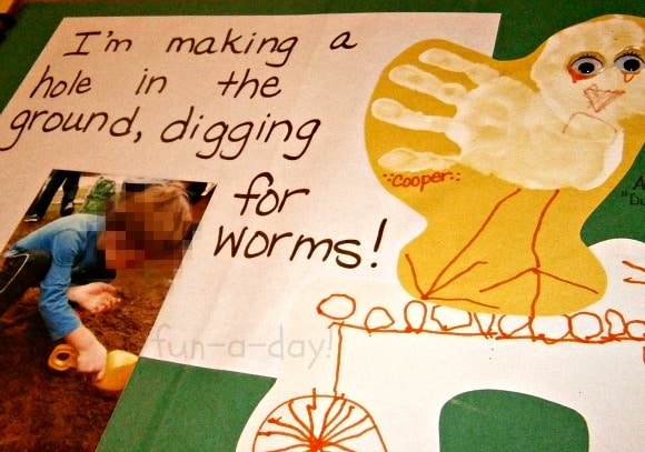 example of preschool portfolios page with child's hand print art and writing sample