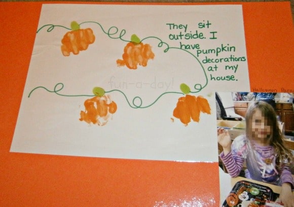 Hand print pumpkins with preschool writing dictation