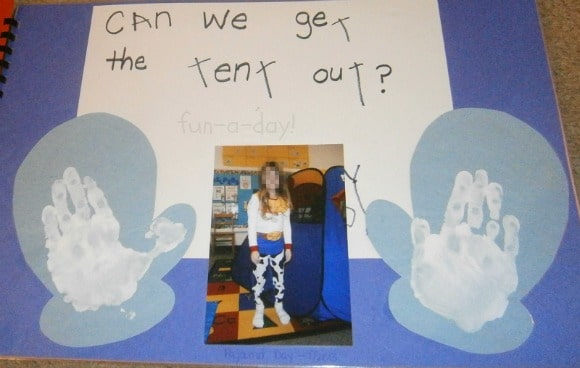 hand print mittens with picture of child and child writing that says can we get the tent out?