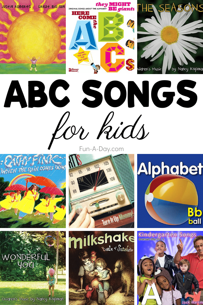 kids' music album covers with text that reads ABC songs for kids