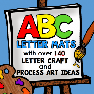 cartoon easel and paintbrush with text that reads ABC letter mats with over 140 letter craft and process art kdieas