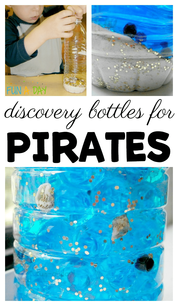 collage of pirate sensory bottle ideas with text that reads discovery bottles for pirates