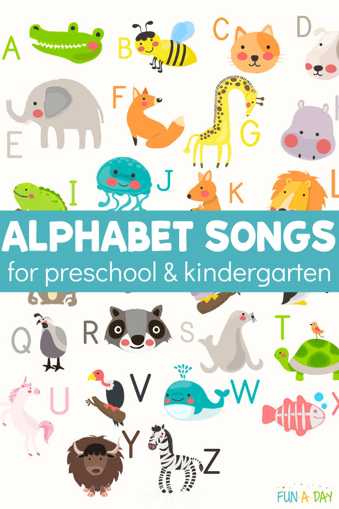cartoon animals with the ABCs with text that reads alphabet songs for preschool and kindergarten