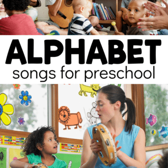images of children and teachers singing and playing instruments with text that reads alphabet songs for preschool