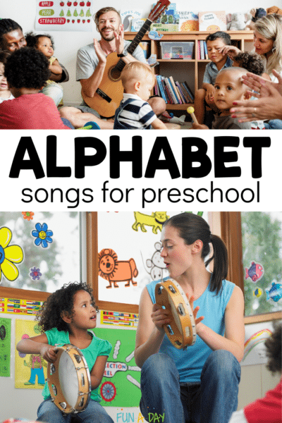 images of children and teachers singing and playing instruments with text that reads alphabet songs for preschool
