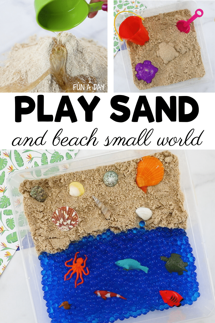 images of making homemade sand with text that reads play sand and beach small world