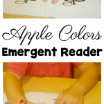 Preschooler coloring in printable apple book with text that reads apple colors emergent reader