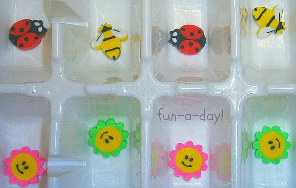 Math Activities for Preschoolers from www.fun-a-day.com -- Using small erasers to teach children 1:1 correspondence and fine motor skills