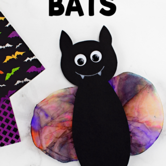 a black construction paper bat body glued onto wings made from a colored coffee filter and the text coffee filter bats in a pinnable size