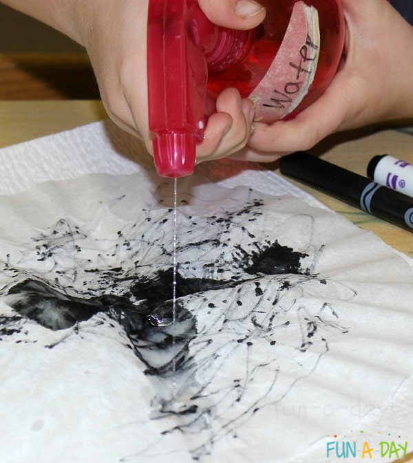 a child's hands using a red water bottle to spray water onto their coffee filter that has been colored with black marker