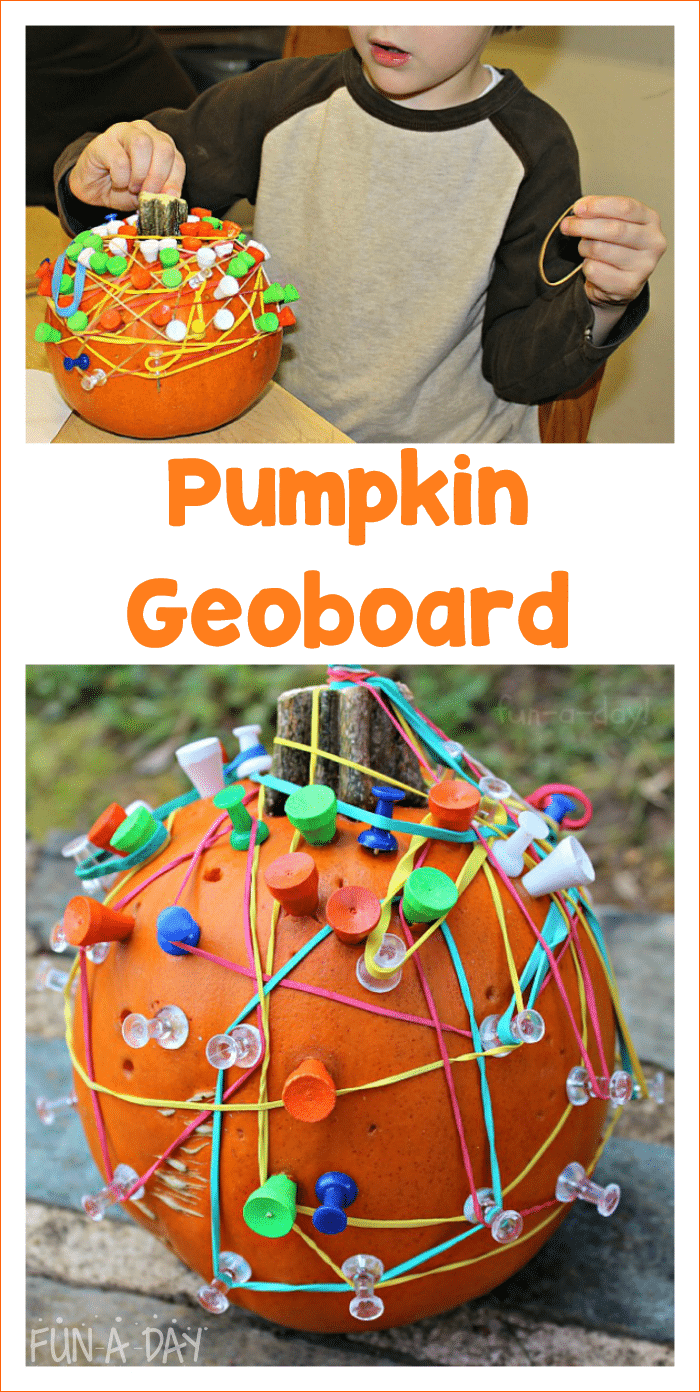 Collage images of pumpkin STEM activity with text that reads pumpkin geoboard