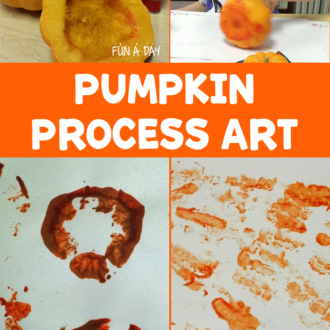 pinnable collage of a preschooler using a pumpkin to paint and the text pumpkin process art