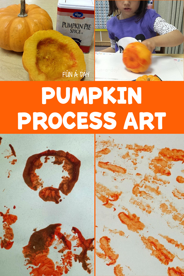 pinnable collage of a preschooler using a pumpkin to paint and the text pumpkin process art