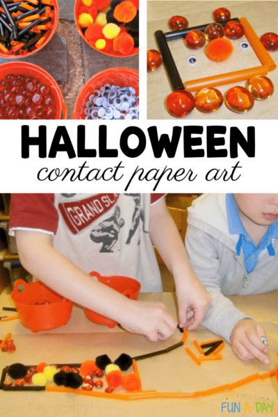 Collage of sticky art with text that reads Halloween contact paper art.