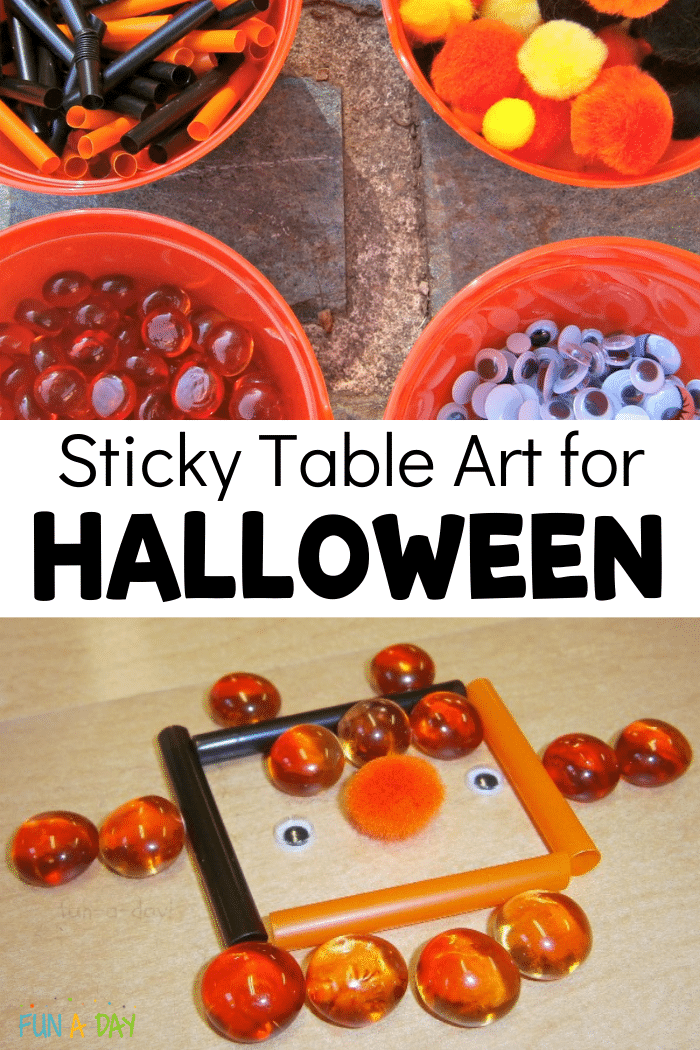 Contact paper art materials and kids' creation with text that reads sticky table art for Halloween.