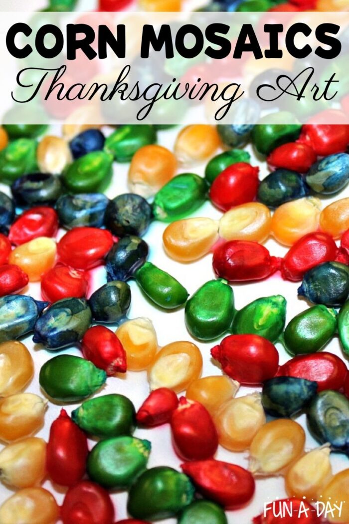 close up on colorful dyed corn kernels in a mosaic pattern with the text Corn mosaics Thanksgiving Art