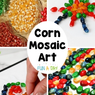 collage of four different images of dyed corn made into mosaic art with the text, corn mosaic art
