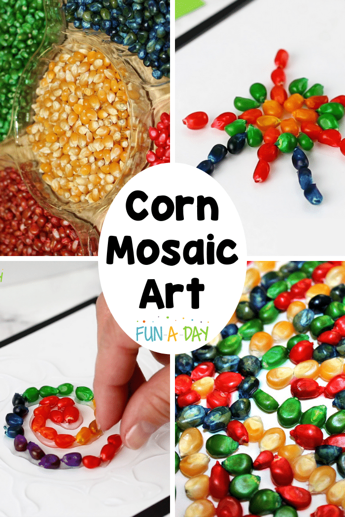 collage of four different images of dyed corn made into mosaic art with the text corn mosaic art